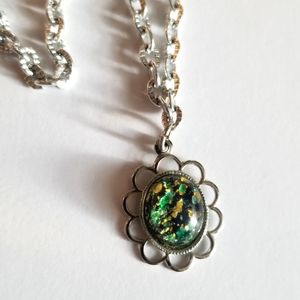 Vintage flower necklace Germany foiled glass faux opal silver tone metal